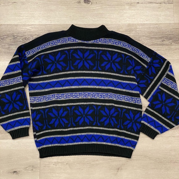 Vintage Sweaters - Vintage EL MAR California Black Blue Gray Ornate Mock Neck Sweater Size: Medium